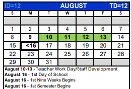 District School Academic Calendar for Bexar Co J J A E P for August 2021