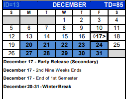 District School Academic Calendar for Bexar Co J J A E P for December 2021