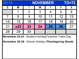 District School Academic Calendar for Bexar Co J J A E P for November 2021