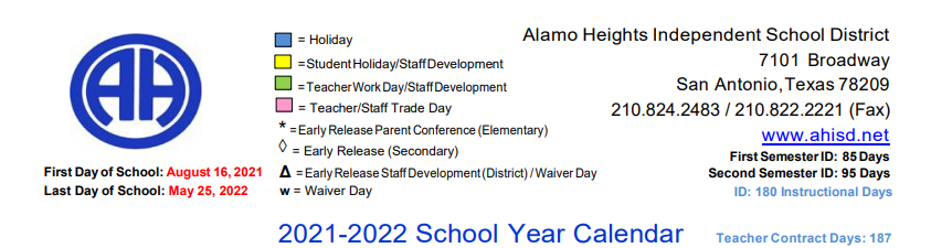 District School Academic Calendar for Bexar Co J J A E P