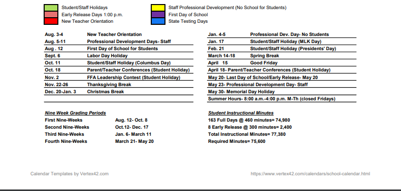 District School Academic Calendar Key for Alter School