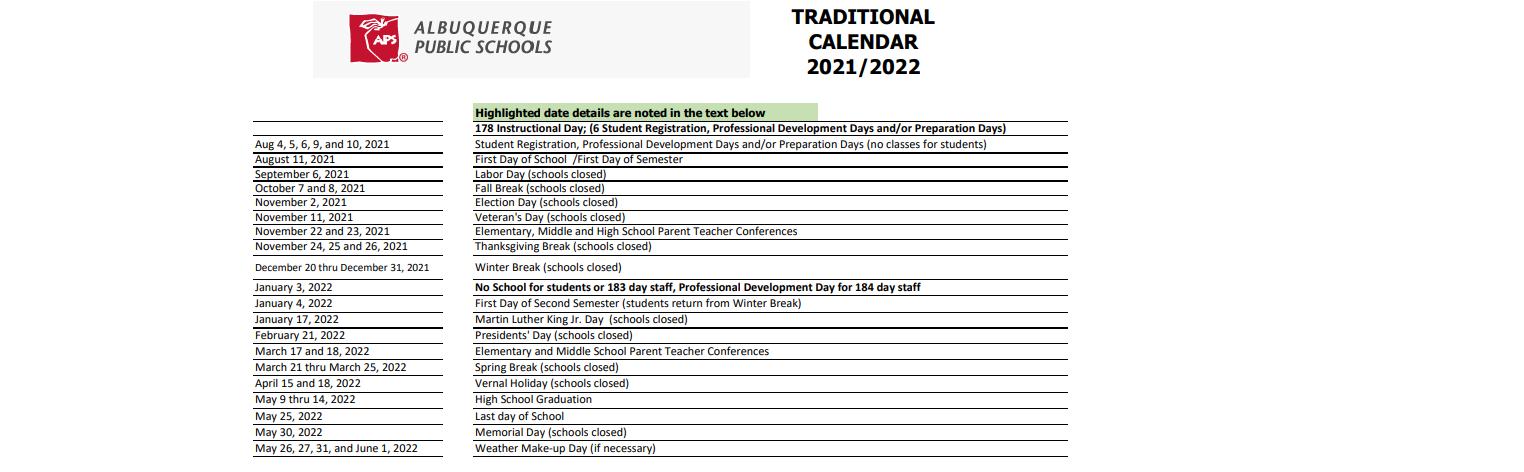 District School Academic Calendar Key for Alameda Elementary