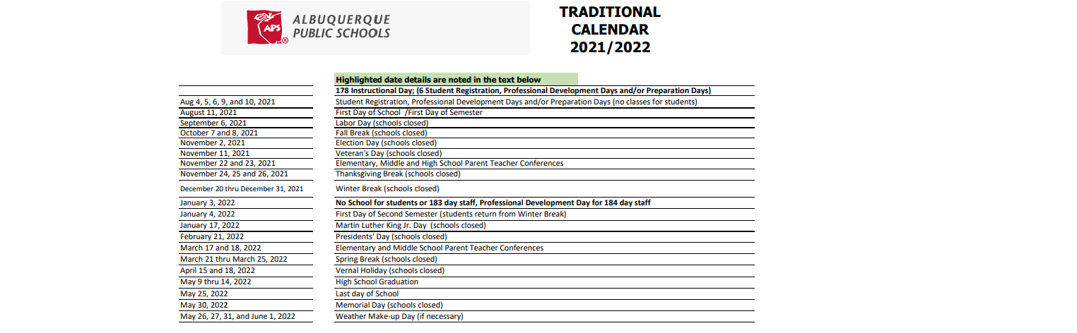 District School Academic Calendar Key for Acoma Elementary