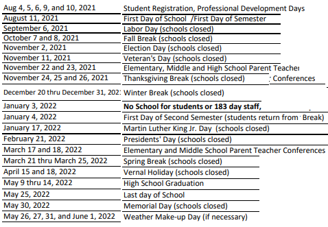 District School Academic Calendar Legend for Alameda Elementary