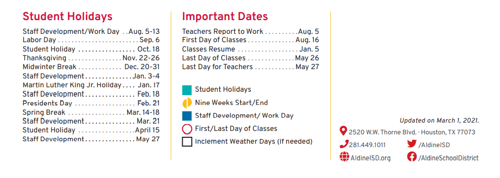 District School Academic Calendar Key for Sammons Elementary School