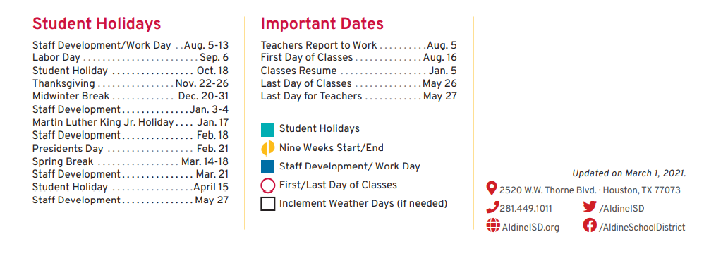 District School Academic Calendar Key for Calvert Elementary