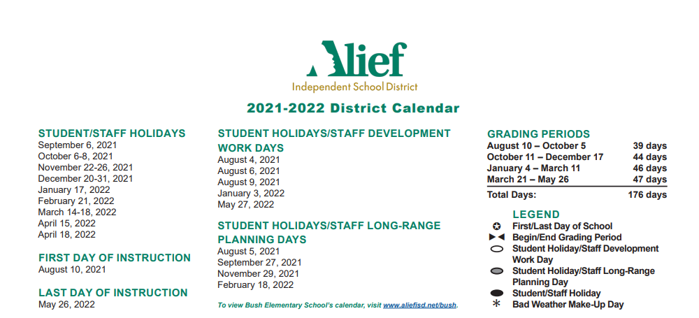 District School Academic Calendar Key for Admin Services