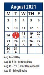 District School Academic Calendar for Central School for August 2021