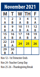 District School Academic Calendar for Cedar Valley School for November 2021