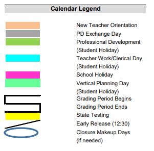 District School Academic Calendar Legend for Alto Elementary