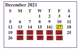 District School Academic Calendar for Juvenile Justice Alternative for December 2021