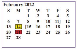 District School Academic Calendar for Juvenile Justice Alternative for February 2022