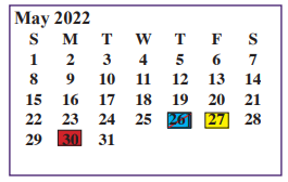 District School Academic Calendar for Juvenile Justice Alternative for May 2022