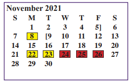 District School Academic Calendar for Juvenile Justice Alternative for November 2021