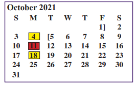 District School Academic Calendar for Juvenile Justice Alternative for October 2021