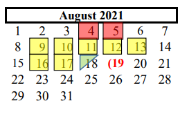 District School Academic Calendar for Brazoria Co J J A E P for August 2021