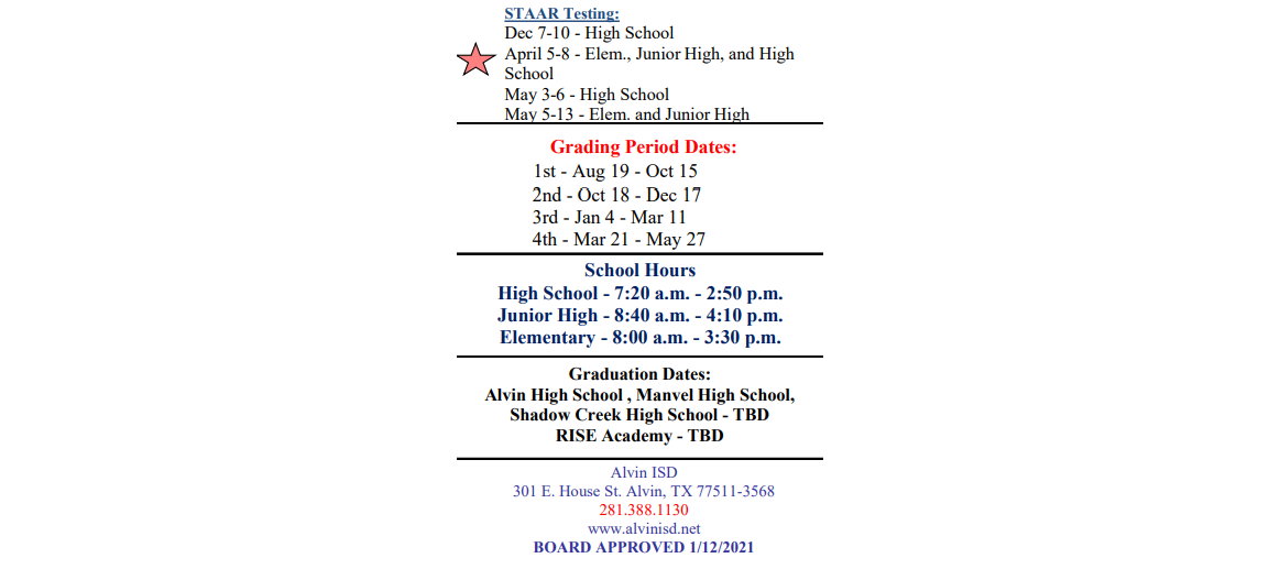 District School Academic Calendar Key for Assets