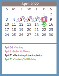 District School Academic Calendar for Travis Middle for April 2022