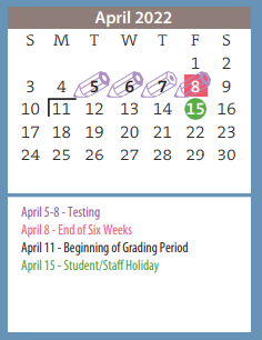 District School Academic Calendar for Bivins Elementary for April 2022