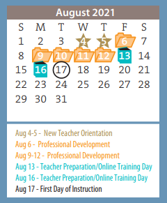 District School Academic Calendar for Austin Middle for August 2021