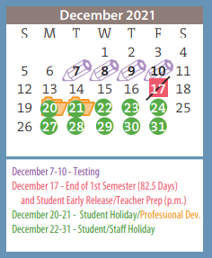 District School Academic Calendar for Palo Duro High School for December 2021