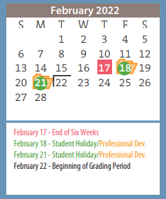 District School Academic Calendar for Johnny N Allen-6th Grade Campus for February 2022