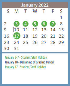 District School Academic Calendar for Bonham Middle for January 2022