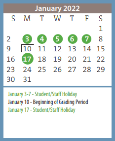 District School Academic Calendar for South Georgia Elementary for January 2022