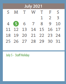 District School Academic Calendar for Crockett Middle for July 2021