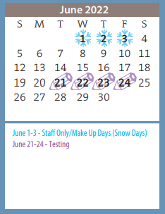 District School Academic Calendar for Crockett Middle for June 2022