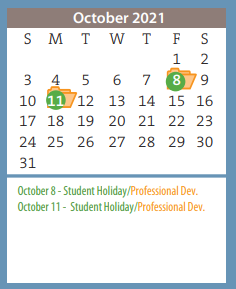 District School Academic Calendar for Homebound for October 2021