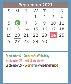 District School Academic Calendar for Bonham Middle for September 2021