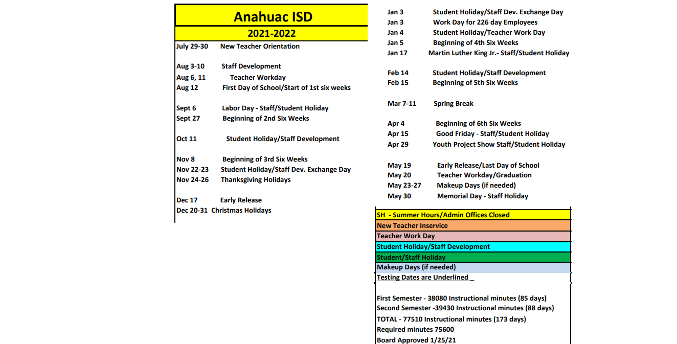 District School Academic Calendar Key for Anahuac Middle