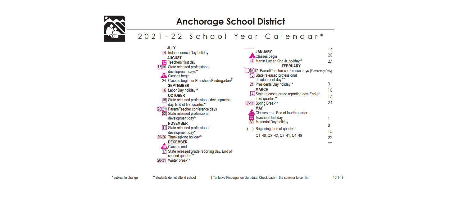 District School Academic Calendar Key for Aquarian Charter School