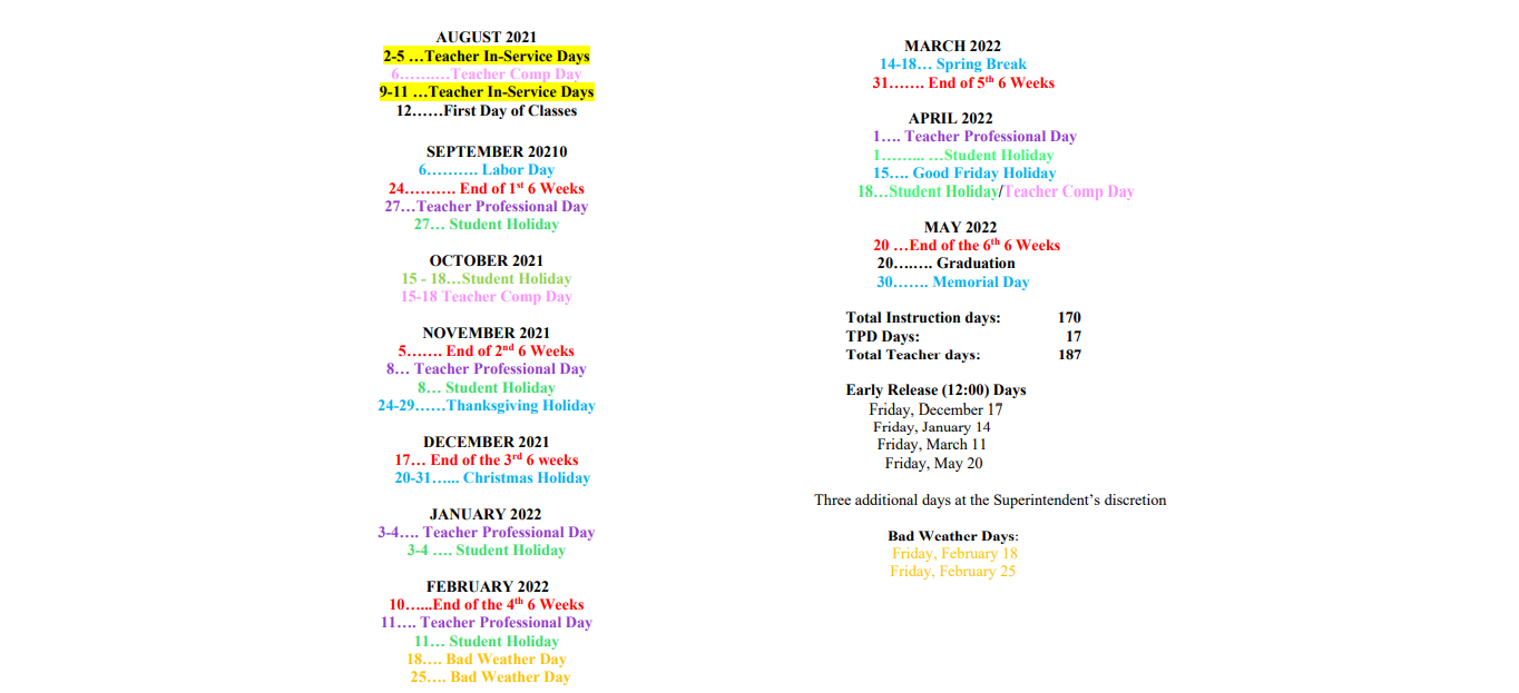Andrews Middle School School District Instructional Calendar