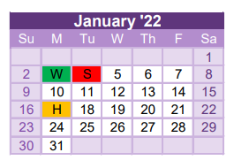 District School Academic Calendar for Student Alternative Ctr for January 2022