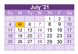 District School Academic Calendar for Westside El for July 2021