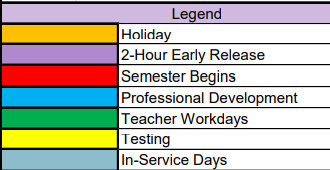 District School Academic Calendar Legend for Early Childhood Campus