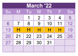 District School Academic Calendar for Brazoria Co Juvenile Detention for March 2022