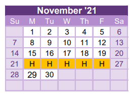 District School Academic Calendar for Brazoria Co Juvenile Detention for November 2021