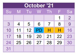 District School Academic Calendar for Early Childhood Campus for October 2021