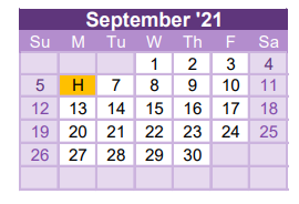 District School Academic Calendar for Westside El for September 2021