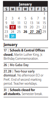 District School Academic Calendar for North County High for January 2022