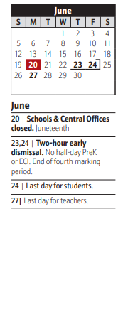 District School Academic Calendar for Marley Elementary for June 2022