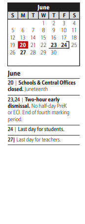 District School Academic Calendar for North County High for June 2022