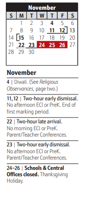 District School Academic Calendar for North County High for November 2021