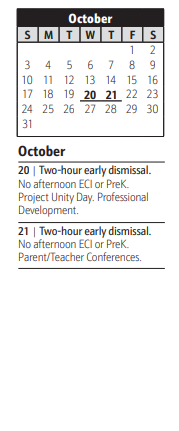 District School Academic Calendar for Brock Bridge Elementary for October 2021