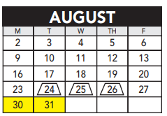 District School Academic Calendar for Oxbow Creek Elementary for August 2021