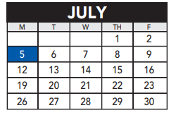 District School Academic Calendar for Bridges for July 2021