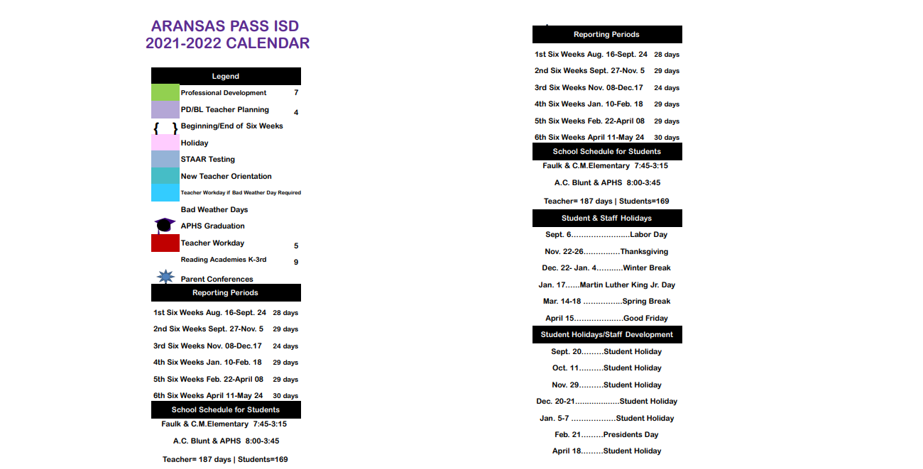 District School Academic Calendar Key for Aransas Pass Jjaep